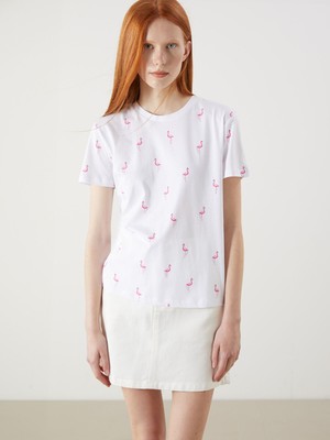 Lc Waikiki Yeni Sezon Bisiklet Yaka Flamingo Baskılı Kadın Tişört