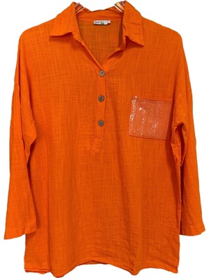 Kadın Mavi Payet Cepli Yıkamalı Gömlek Yaka | %100 Organik Pamuk Rahat Kalıp Bluz