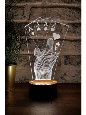 Normadia Poker Temalı Dekoratif LED Masa Lambası, 7 Renkli Işık, Ahşap Taban