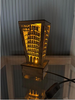 Normadia Ahşap Masa Lambası, Pısa Kulesi Desenli, Gece ve Okuma Işığı