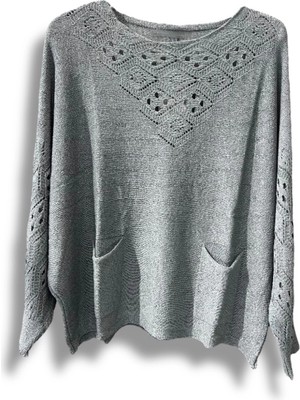 Oversize Merserize Triko Cepli ve Ajurlu Tasarım Bluz- 38-52 Beden Arası Uyumlu