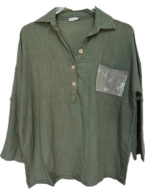 Kadın Mavi Payet Cepli Yıkamalı Gömlek Yaka | %100 Organik Pamuk Rahat Kalıp Bluz