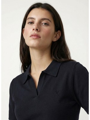 Fabrika Polo Yaka Slim Fit Düz Siyah Kazak Kadın F6SL-KZK0057