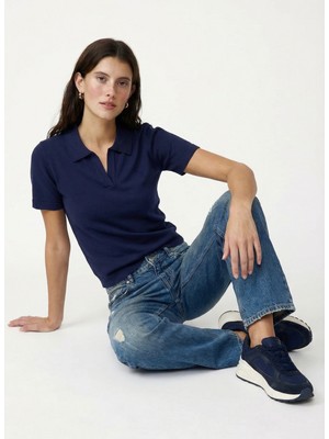 Fabrika Polo Yaka Slim Fit Düz Lacivert Kazak Kadın F6SL-KZK0057