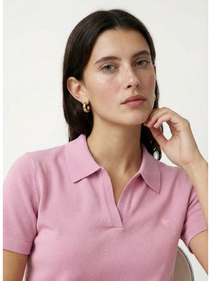 Fabrika Polo Yaka Slim Fit Düz Açık Pembe Kazak Kadın F6SL-KZK0057