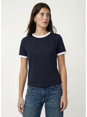 Fabrika Bisiklet Yaka Düz Siyah - Beyaz Kadın T-Shirt F6SL-TST0011