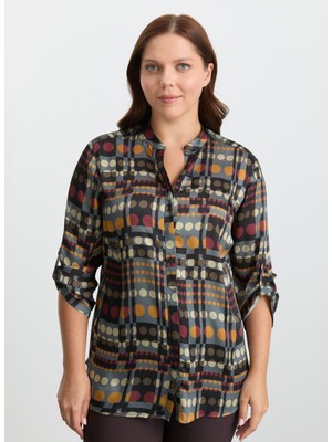 Selen Hakim Yaka Desenli Gri Kadın Bluz 25KSL8263