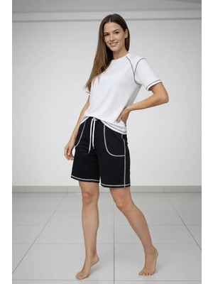 Kadın Spor Tişört Şort Takım Kontrast Dikiş Detaylı Ovarsize Rahat Kalıp - Beyaz