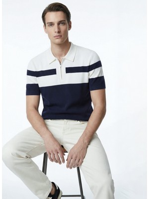 Fabrika Polo Yaka Slim Fit Çizgili Lacivert Erkek Kazak F6SM-KZK 2406