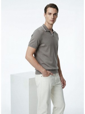 Fabrika Polo Yaka Slim Fit Düz Haki Erkek Kazak F6SM-KZK 2304