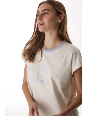 Penti Bej Rahat Club Slogan Desenli Kısa Kollu Tişört Pijama Üstü