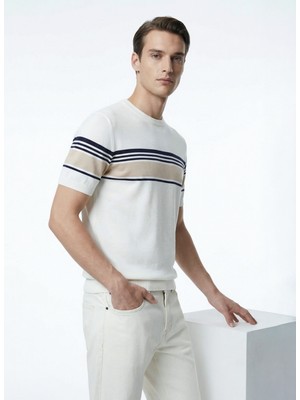 Fabrika Bisiklet Yaka Slim Fit Çizgili Kırık Beyaz Erkek Kazak F6SM-KZK 2300