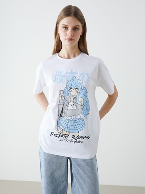 Lc Waikiki Yeni Sezon Bisiklet Yaka Baskılı Kadın Tişört