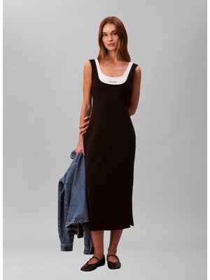 Calvin Klein Jeans Kare Yaka Düz Siyah Uzun Kadın Elbise Sl Interlock Mıdı Dress