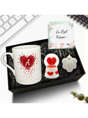 As Gift Kişiye Özel Beyaz Kupa & Bubble Mum & Kalp Detaylı Kar Küresi