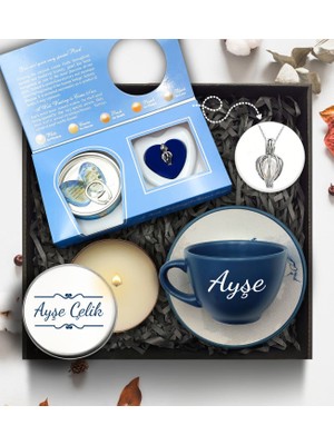As Gift Kişiye Özel Mavi Çay Fincanı & Istiridye Inci Kolye & Metal Kutulu Mum Hediye Seti