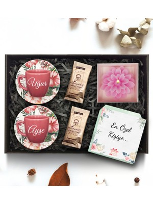 As Gift Kişiye Özel Pembe Fincan Takımı & Pembe Mum & Mehmet Efendi Türk Kahvesi Hediye Seti