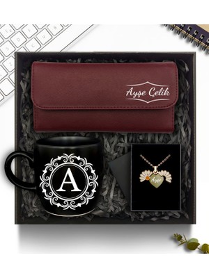As Gift Kişiye Özel Kadın Cüzdanı & Siyah Kupa & Papatya Kolye Hediye Seti