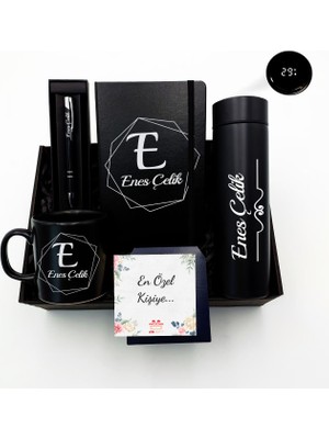 As Gift Kişiye Özel Siyah Defter & Siyah Kupa & Siyah Tükenmez Kalem & Dereceli Termos Hediye Seti
