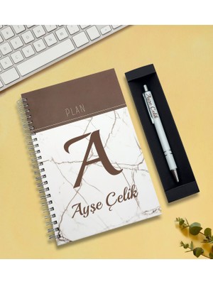 As Gift Kişiye Özel Telli Defter & Kalem Hediye Seti (Beyaz - Kahverengi)