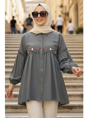 Neva Style Nakış Desenli Füme Tesettür Tunik 40603FU