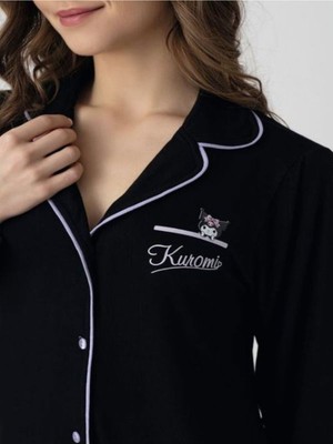 Kuromi Lisanslı Önden Düğmeli Uzun Kol Baskılı Pijama Takımı