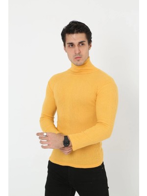 Beta Moda Hub Erkek Kaşkorse Boğazlı Full Likralı Fitilli Body Kazak - Sarı