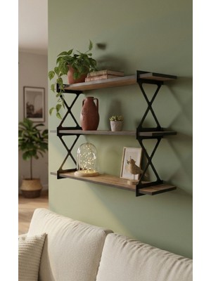 Endüstriyel Metal Ayaklı Ceviz Duvar Rafı | Modern Dekoratif 3 Katlı Duvar Rafı 90CM