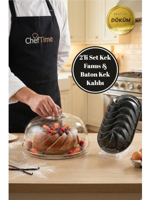 ChefTime 2'li Set Cam Fanus & Siyah Baton Kek Kalıbı