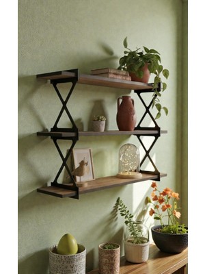 Endüstriyel Metal Ayaklı Ceviz Duvar Rafı | Modern Dekoratif 3 Katlı Duvar Rafı 90CM