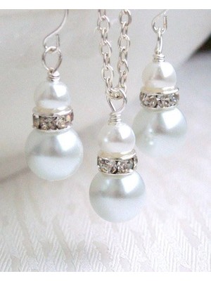 Shiklik Zarif Gümüş Renk Taş Inci Kadın Takı Seti -Küpe, Kolye