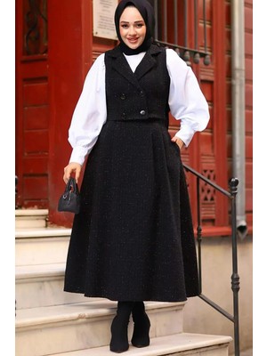 Tesettür Diyarı Kadın Dört Düğmeli Yelekli Tüvit Takım-Siyah