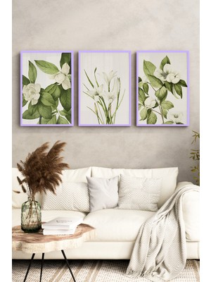 KutuTR Lila Renk Ahşap Çerçeveli 2duv Baskı 3’lü Mdf Tablo–yeşil Yapraklı Beyaz Çiçek Temalı-Lila CRV1157