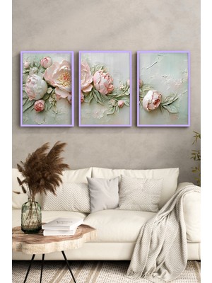 KutuTR Lila Renk Ahşap Çerçeveli 2duv Baskı 3’lü Mdf Tablo–pudra Şakayık Çiçekler Temalı-Lila CRV1057