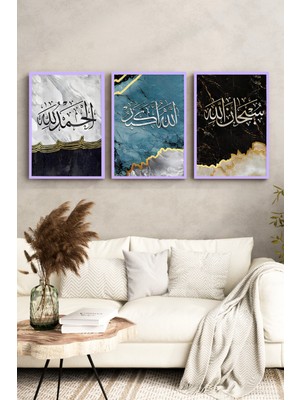 KutuTR Lila Renk Ahşap Çerçeveli 2duv Baskı 3’lü Mdf Tablo–turkuaz Zeminli Esmaül Hüsna-Lila CRV1215