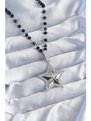 Gümüş Renk Siyah Boncuk Zirkon Taşlı Hkursat Pirinç Yıldız Model Vip Seri Kadın Kolye