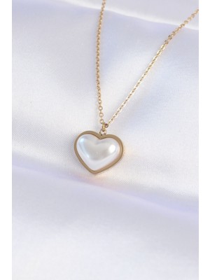 Hkursat 316L Çelik Zincir Gold Renk Beyaz Taşlı Bubble Kalp Kolye