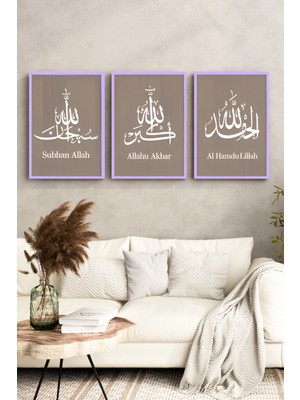KutuTR Lila Renk Ahşap Çerçeveli 2duv Baskı 3’lü Mdf Tablo–minimal Taupe Zeminli Esmaül Hüsna-Lila CRV1241