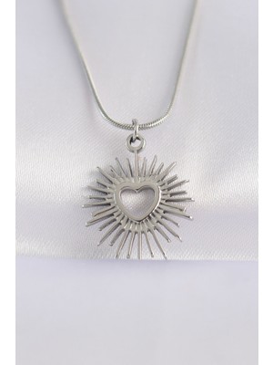 Hkursat 316L Çelik Zincir Gümüş Renk Kalp Güneşi Tasarımlı Kolye