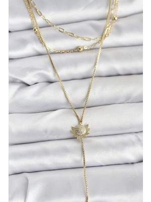 Hkursat Pirinç Gold Renk Zirkon Taşlı Güneş Model Detaylı 3'lü Kombin Y Kadın Kolye