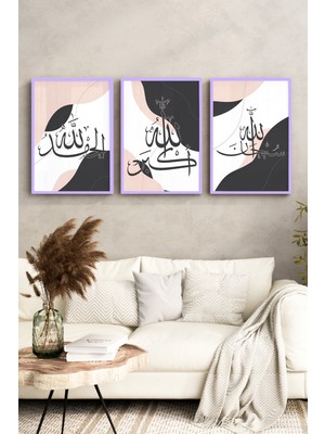 KutuTR Lila Renk Ahşap Çerçeveli 2duv Baskı 3’lü Mdf Tablo–siyah Pudra Zeminli Besmele Yazılı-Lila CRV1220