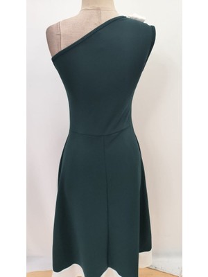 Serac Collection Kadın Tek Omuzu Açık Omuzlardan Kurdela Detaylı Çift Renkli Ithal Krep Elbise