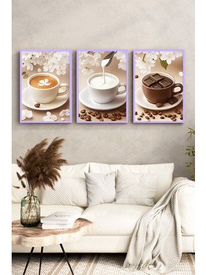 KutuTR Lila Renk Ahşap Çerçeveli 2duv Baskı 3’lü Mdf Tablo–minimal Kahve ve Çikolata-Lila CRV1015