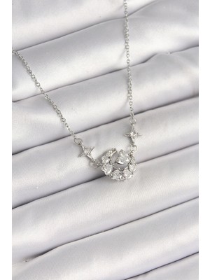 Hkursat 316L Çelik Gümüş Renk Zirkon Taşlı Hilal Kalp Model Kadın Kolye