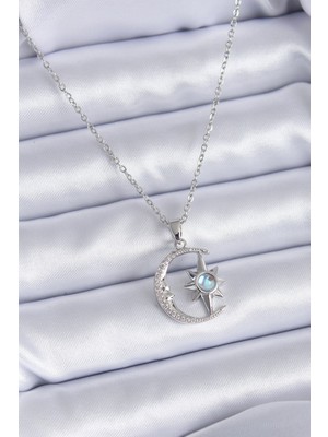Hkursat 316L Çelik Gümüş Renk Zirkon Taşlı Ay Yıldız Model Kadın Kolye