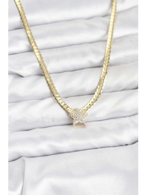 Gold Renk Hkursat Pirinç Yıldız Zirkon Taşlı Kadın Kolye