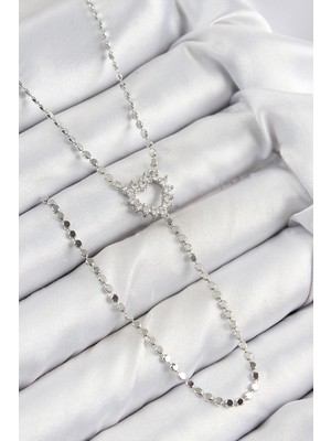 Hkursat Pirinç Zirkon Taşlı Ezme Zincirli Kalp Model Gümüş Renk Y Kolye