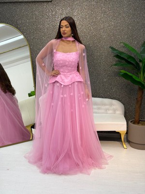 E&A Eren Abiye Straplez Cıcek Desenlı Pelerınlı Preses Abıye