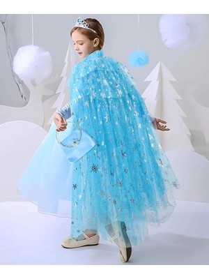 Zenvia Karlar Ülkesi Elsa Frozen Mavi Pelerin – 80 cm Kar Desenli Çocuk Pelerini ( Taç Hariç )