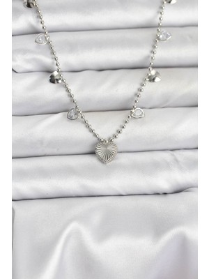 Hkursat Pirinç Gümüş Renk Kalp Model Kadın Kolye